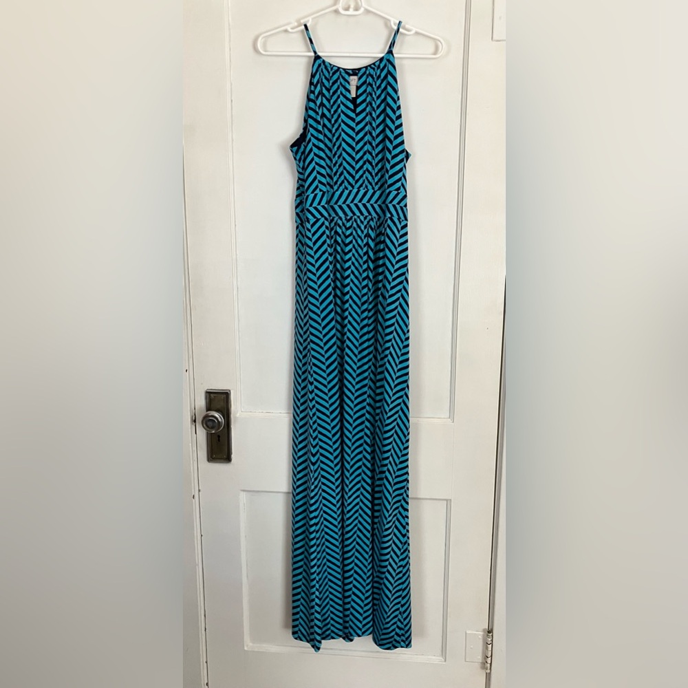 Women’s LOFT turquoise and black striped long dress - size medium